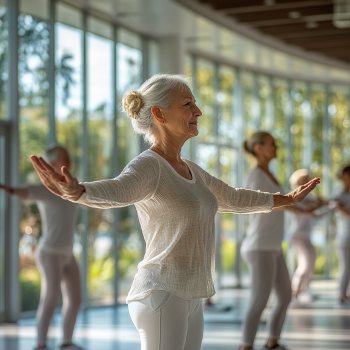 Активні пенсіонери під час групового тренування в світлому просторі студії, що демонструють різноманітні вправи на гнучкість та силу