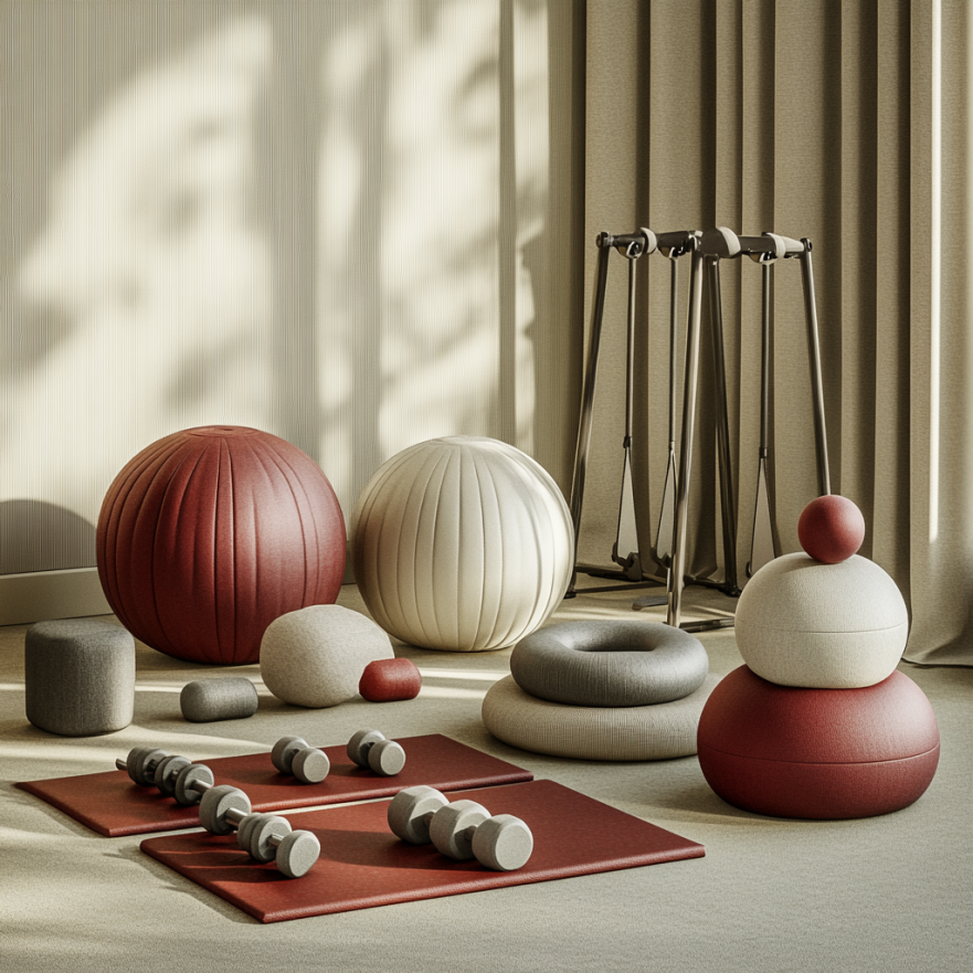 Різноманітне спеціальне обладнання для фітнесу, адаптоване для людей старшого віку, включаючи легкі гантелі, еластичні стрічки та м'ячі