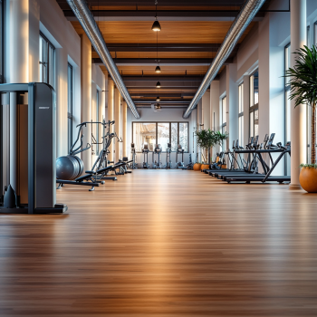 Просторий світлий головний зал студії з дерев'яною підлогою, великими вікнами та зручним обладнанням для занять