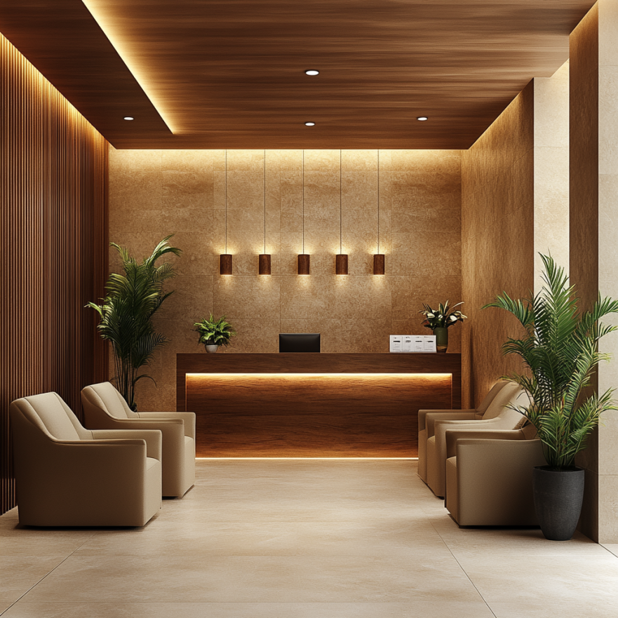 Привітна рецепція з теплим освітленням, зручними місцями для сидіння та інформаційними матеріалами про програми студії