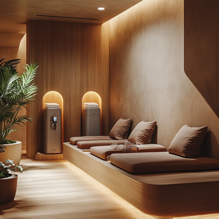 Зона релаксації з комфортними кріслами, приглушеним освітленням та заспокійливим дизайном для відпочинку після тренувань