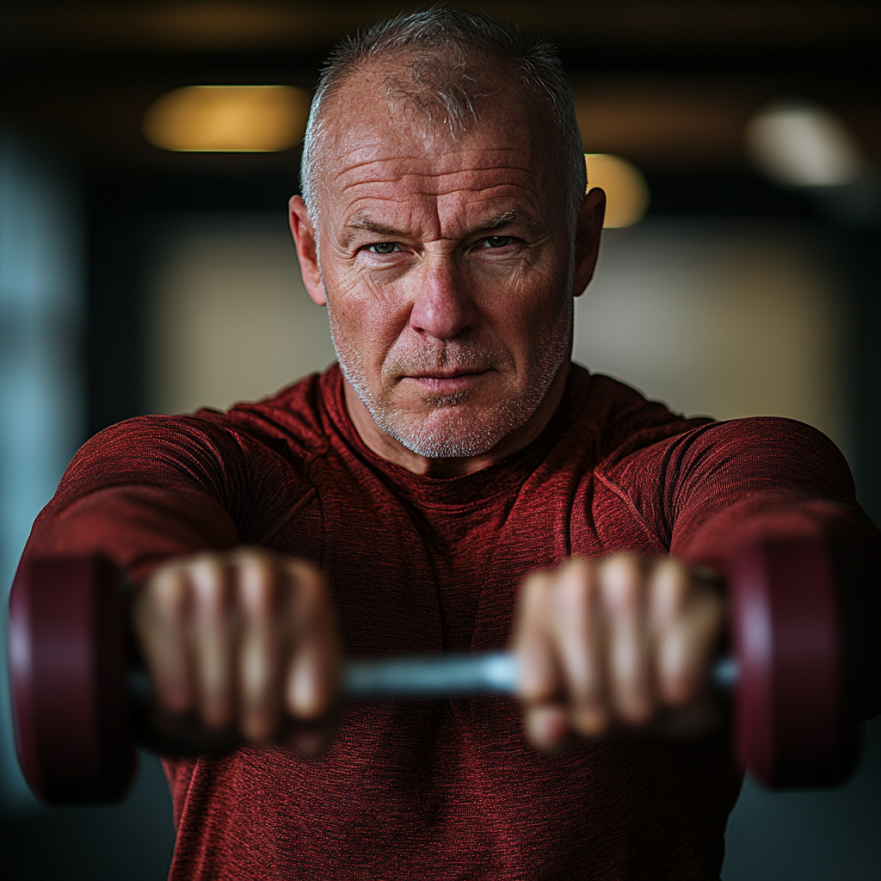 Василь Ковальчук - досвідчений тренер у спортивному одязі, що демонструє вправу з легкими гантелями для людей старшого віку